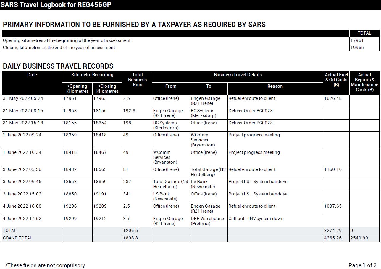 Example of a completed SARS Logbook exported from the Trip Logbook App