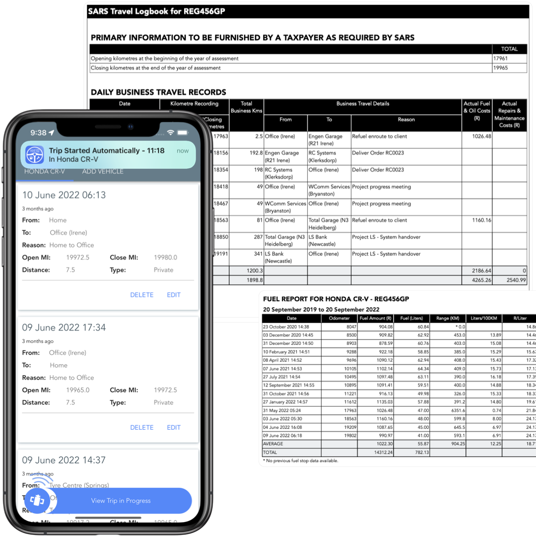 Automatically maintain a vehicle log book using the Trip Logbook App on your phone. Example of logged trips.